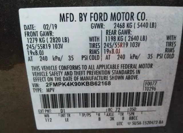 Photo 8 VIN: 2FMPK4K90KBB62168 - FORD EDGE 