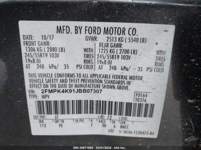 Photo 8 VIN: 2FMPK4K91JBB07307 - FORD EDGE 