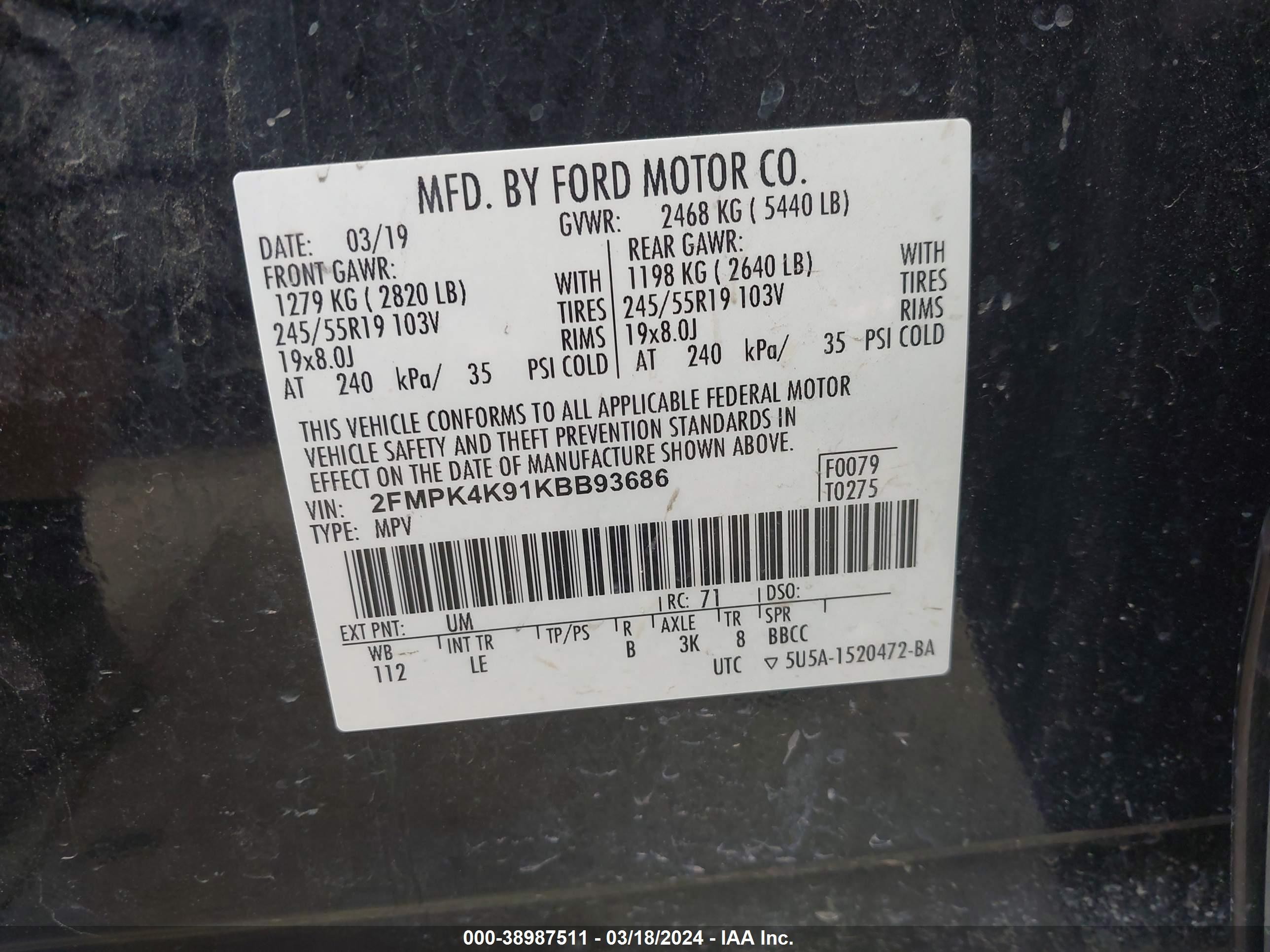 Photo 8 VIN: 2FMPK4K91KBB93686 - FORD EDGE 