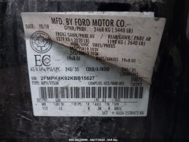 Photo 8 VIN: 2FMPK4K92KBB15627 - FORD EDGE 