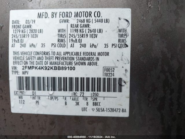 Photo 8 VIN: 2FMPK4K92KBB89100 - FORD EDGE 