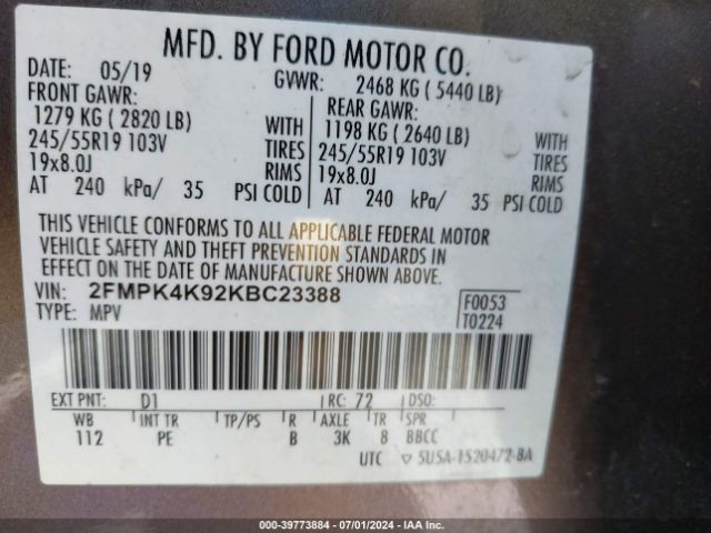 Photo 8 VIN: 2FMPK4K92KBC23388 - FORD EDGE 