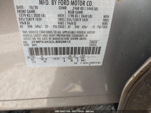 Photo 8 VIN: 2FMPK4K92LBB29612 - FORD EDGE 