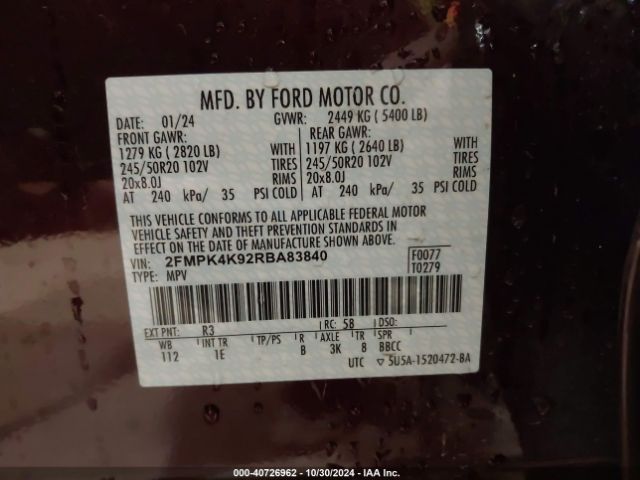 Photo 8 VIN: 2FMPK4K92RBA83840 - FORD EDGE 