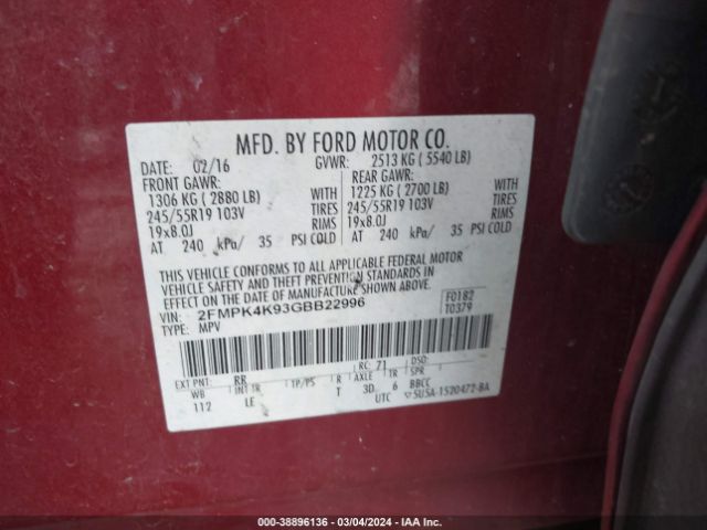 Photo 8 VIN: 2FMPK4K93GBB22996 - FORD EDGE 