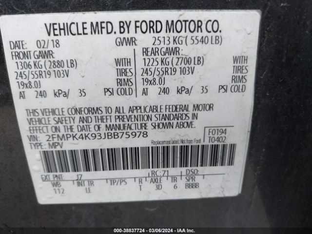 Photo 8 VIN: 2FMPK4K93JBB75978 - FORD EDGE 