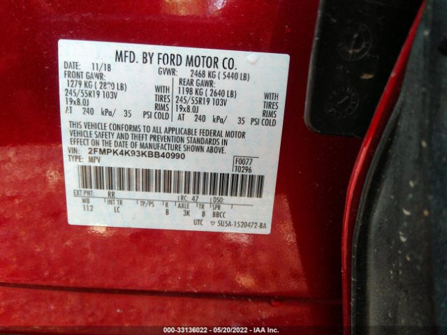 Photo 8 VIN: 2FMPK4K93KBB40990 - FORD EDGE 