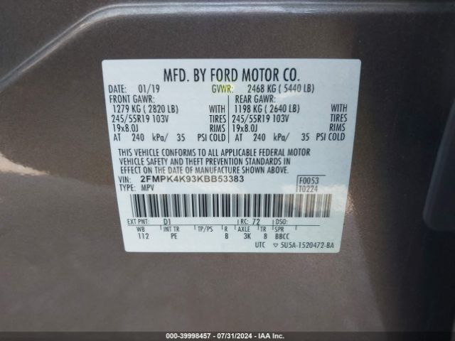 Photo 8 VIN: 2FMPK4K93KBB53383 - FORD EDGE 