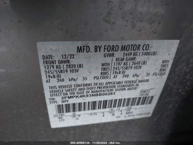 Photo 8 VIN: 2FMPK4K93NBB00283 - FORD EDGE 