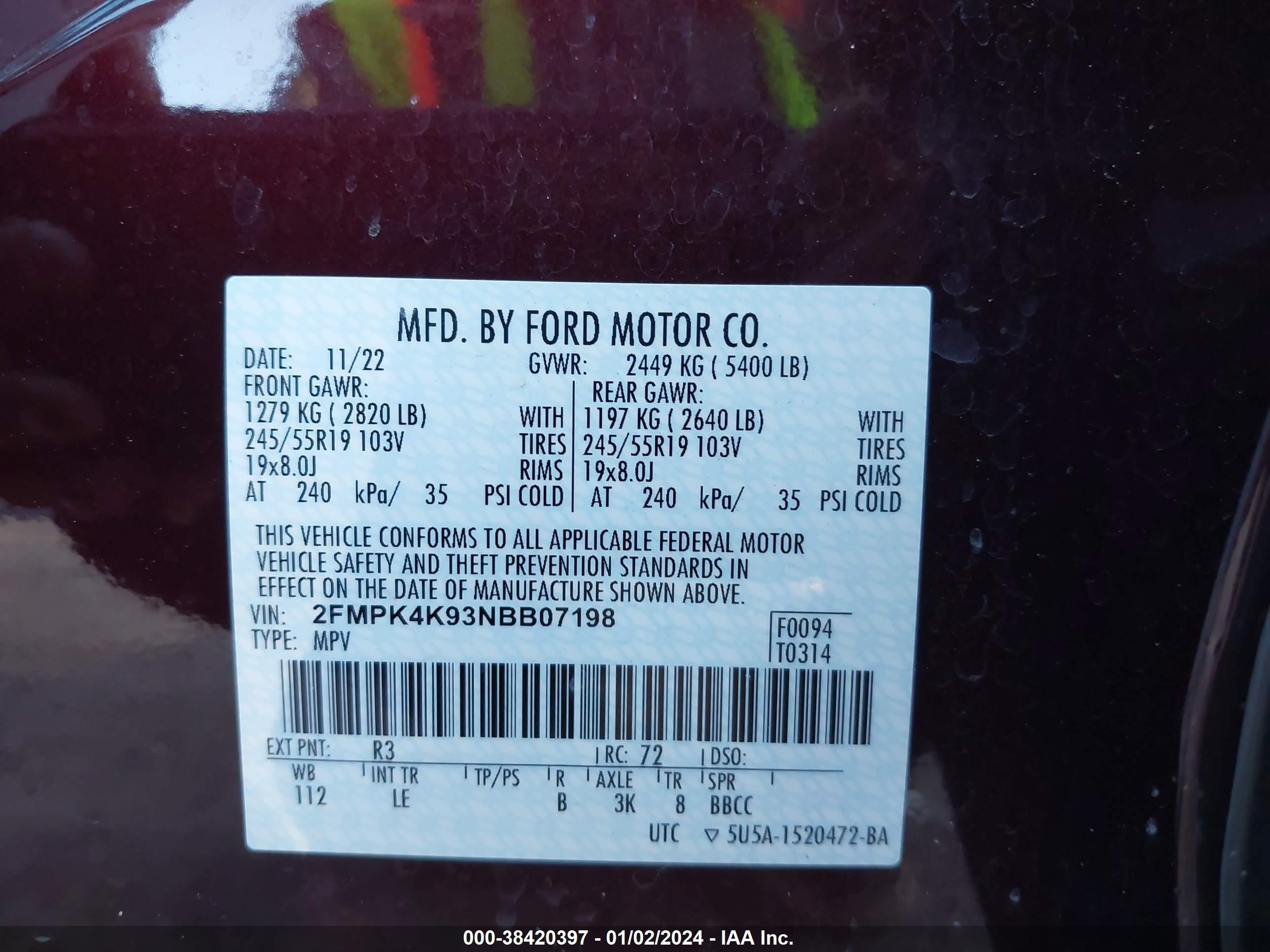 Photo 8 VIN: 2FMPK4K93NBB07198 - FORD EDGE 