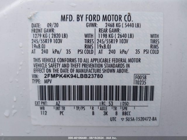 Photo 8 VIN: 2FMPK4K94LBB23780 - FORD EDGE 