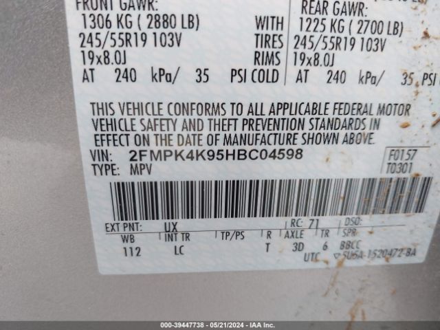 Photo 8 VIN: 2FMPK4K95HBC04598 - FORD EDGE 