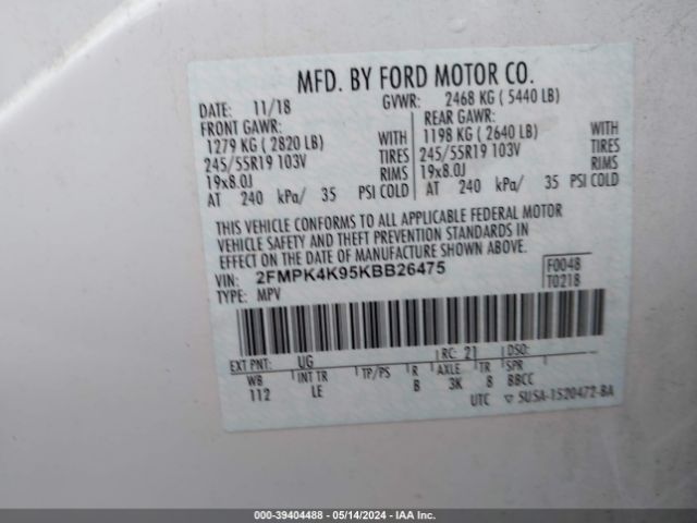 Photo 8 VIN: 2FMPK4K95KBB26475 - FORD EDGE 