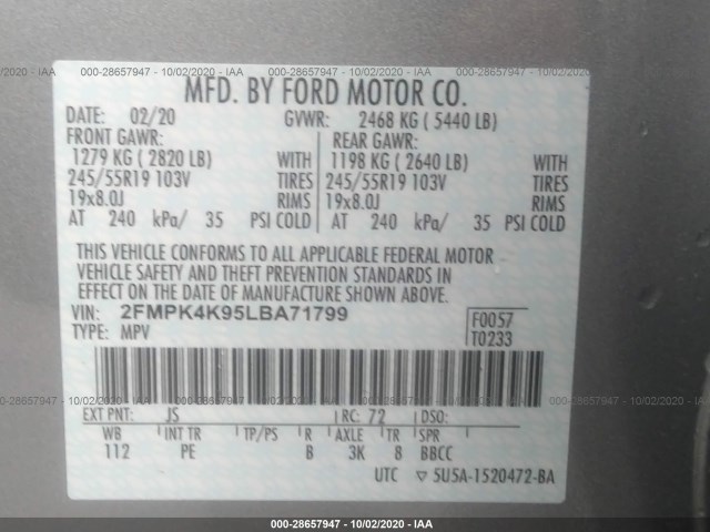 Photo 8 VIN: 2FMPK4K95LBA71799 - FORD EDGE 