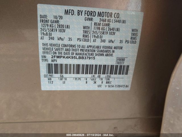 Photo 8 VIN: 2FMPK4K95LBB37915 - FORD EDGE 