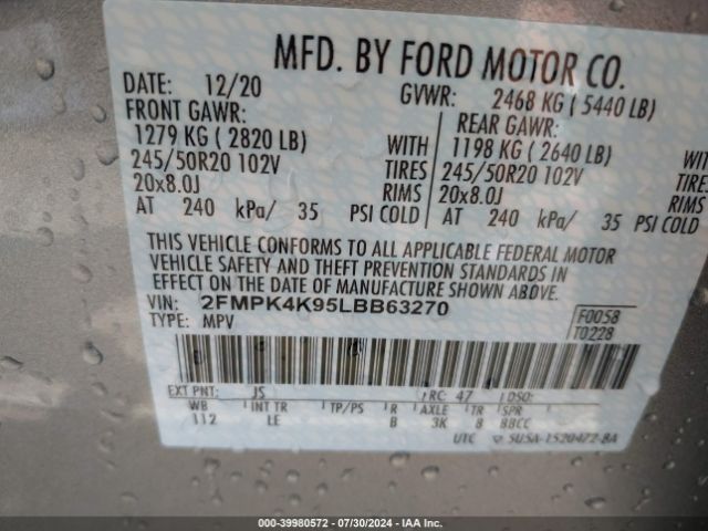 Photo 8 VIN: 2FMPK4K95LBB63270 - FORD EDGE 