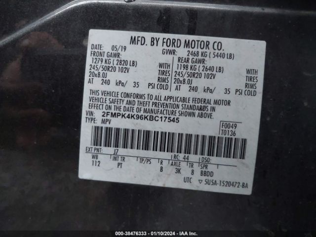 Photo 8 VIN: 2FMPK4K96KBC17545 - FORD EDGE 