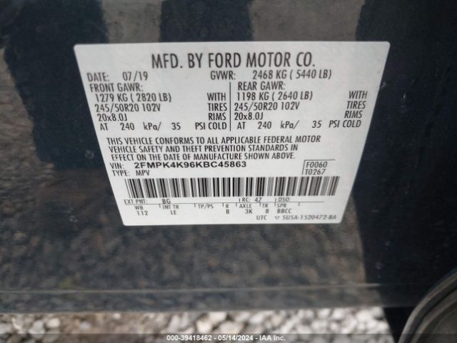 Photo 8 VIN: 2FMPK4K96KBC45863 - FORD EDGE 