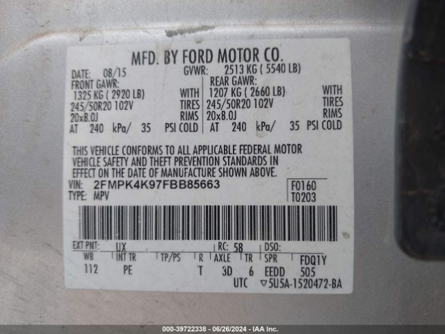 Photo 8 VIN: 2FMPK4K97FBB85663 - FORD EDGE 