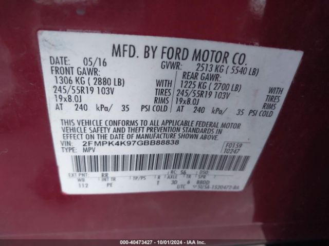 Photo 8 VIN: 2FMPK4K97GBB88838 - FORD EDGE 