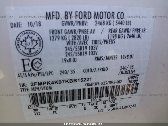 Photo 8 VIN: 2FMPK4K97KBB15221 - FORD EDGE 