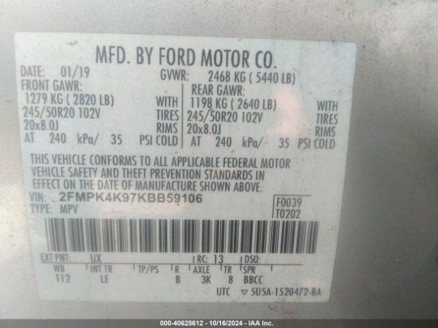 Photo 8 VIN: 2FMPK4K97KBB59106 - FORD EDGE 