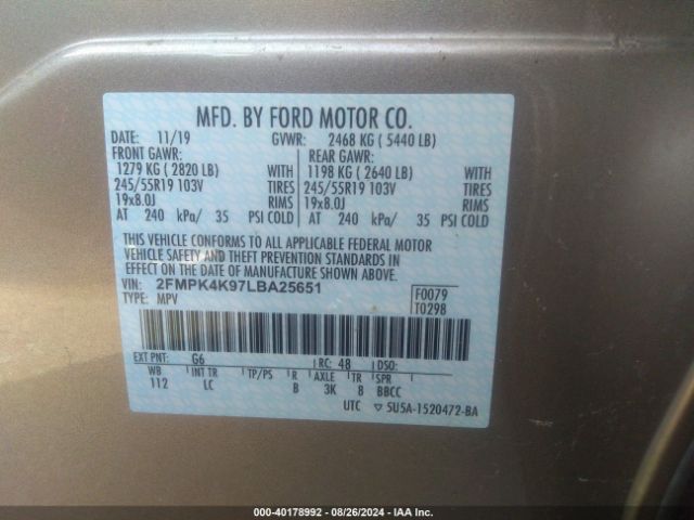 Photo 8 VIN: 2FMPK4K97LBA25651 - FORD EDGE 