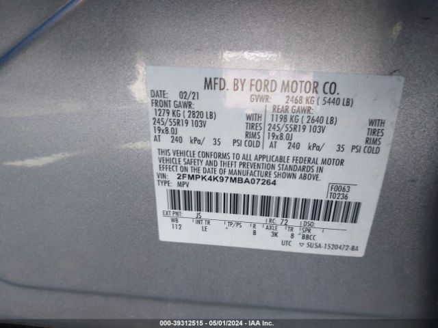 Photo 8 VIN: 2FMPK4K97MBA07264 - FORD EDGE 