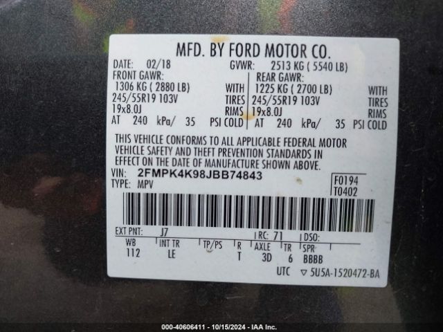 Photo 8 VIN: 2FMPK4K98JBB74843 - FORD EDGE 