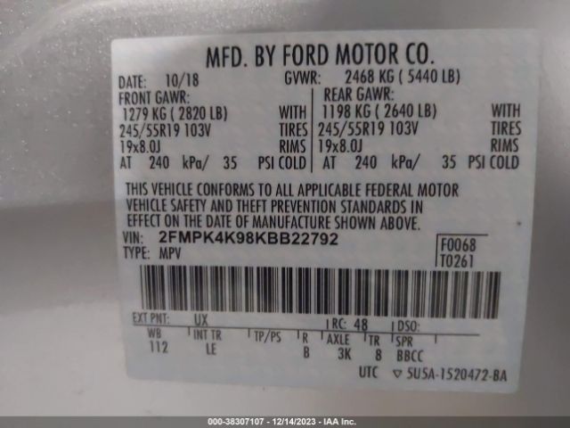 Photo 8 VIN: 2FMPK4K98KBB22792 - FORD EDGE 