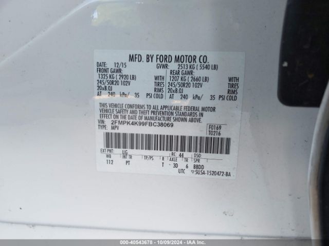 Photo 8 VIN: 2FMPK4K99FBC38069 - FORD EDGE 