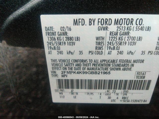 Photo 8 VIN: 2FMPK4K99GBB21965 - FORD EDGE 