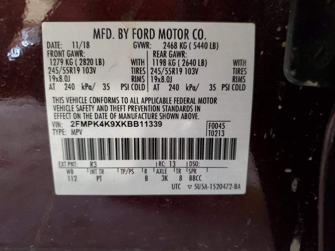 Photo 11 VIN: 2FMPK4K9XKBB11339 - FORD EDGE 