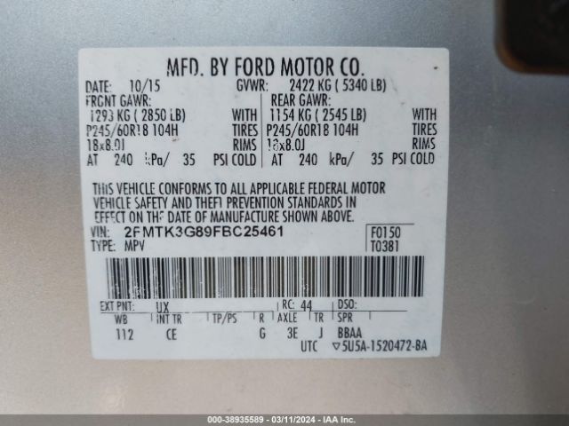 Photo 8 VIN: 2FMTK3G89FBC25461 - FORD EDGE 