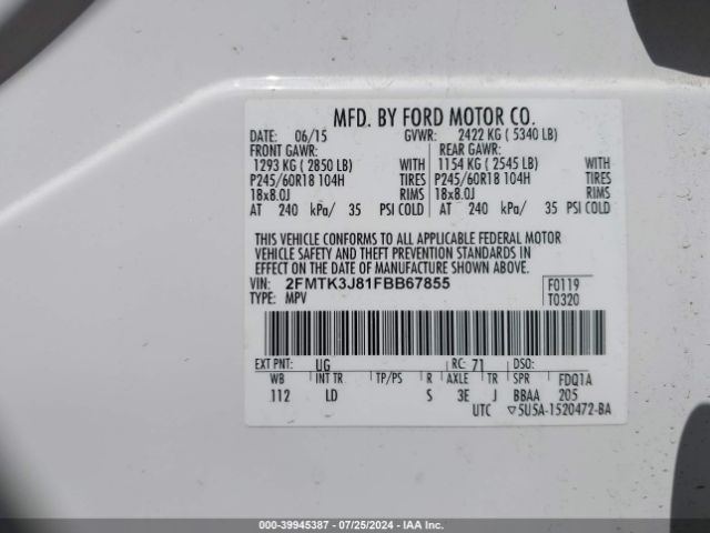 Photo 8 VIN: 2FMTK3J81FBB67855 - FORD EDGE 