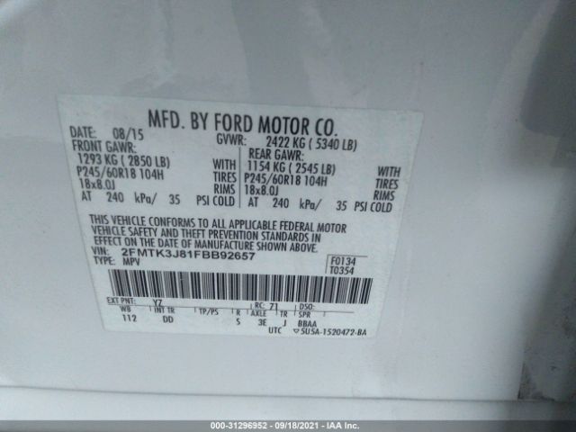 Photo 8 VIN: 2FMTK3J81FBB92657 - FORD EDGE 