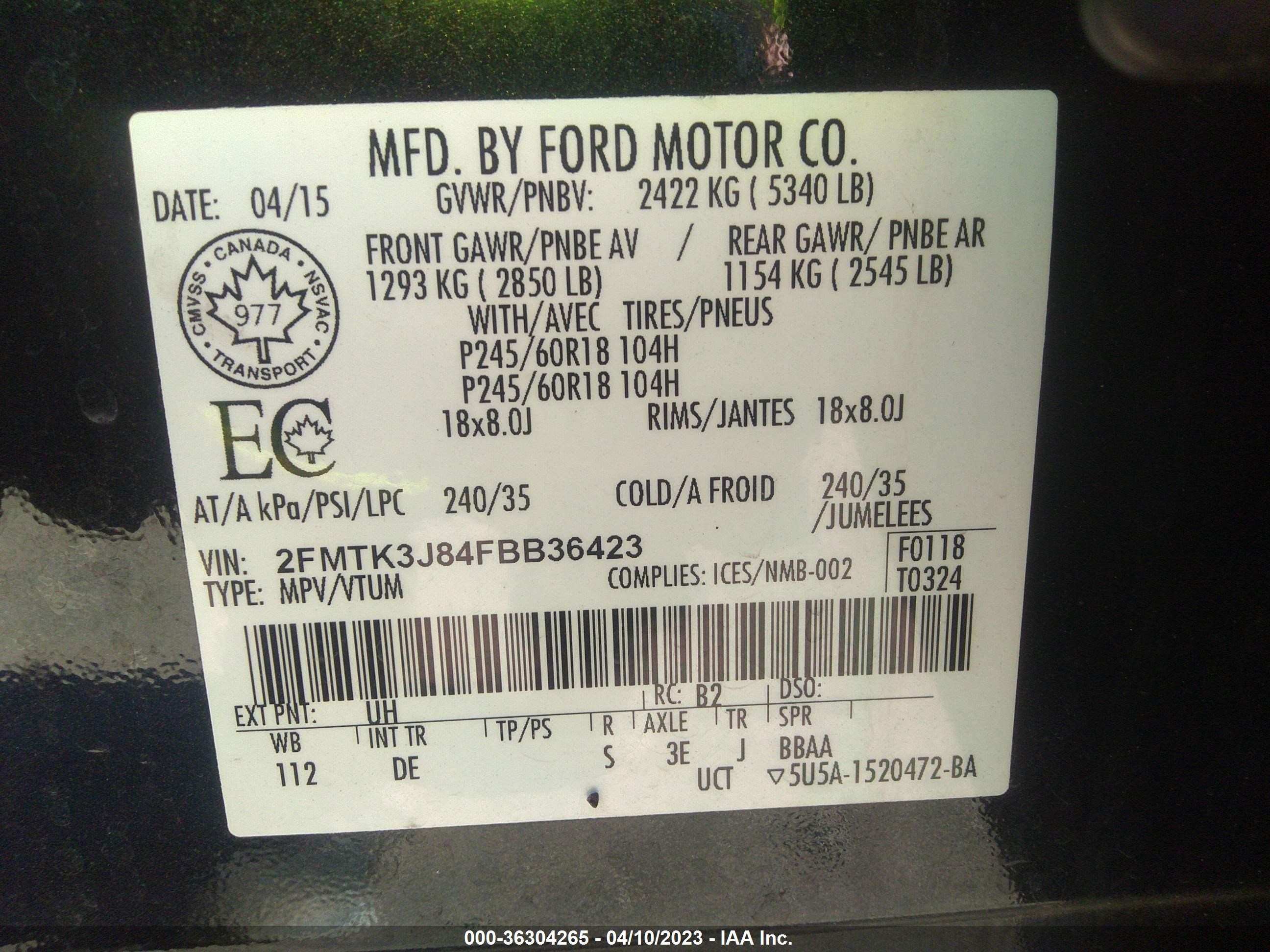 Photo 8 VIN: 2FMTK3J84FBB36423 - FORD EDGE 