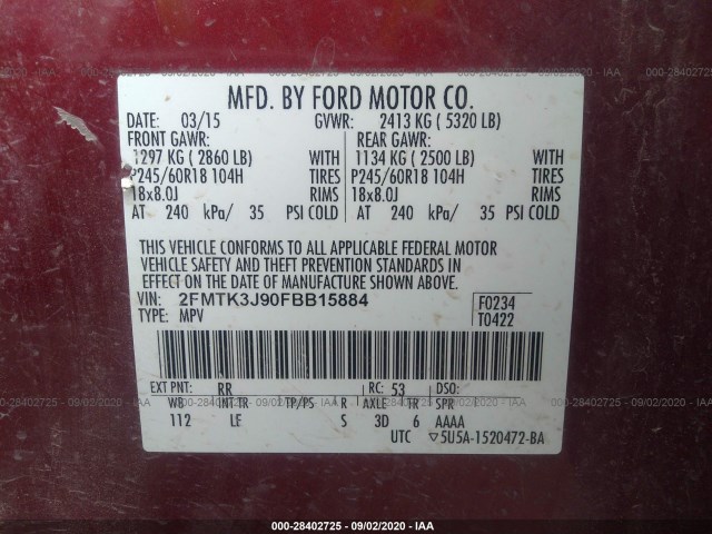 Photo 8 VIN: 2FMTK3J90FBB15884 - FORD EDGE 