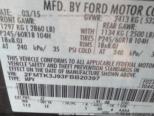 Photo 8 VIN: 2FMTK3J93FBB20397 - FORD EDGE 