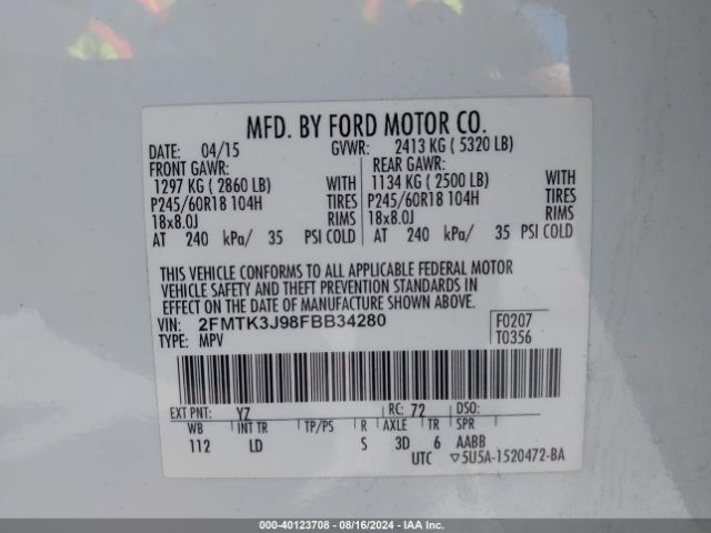 Photo 8 VIN: 2FMTK3J98FBB34280 - FORD EDGE 