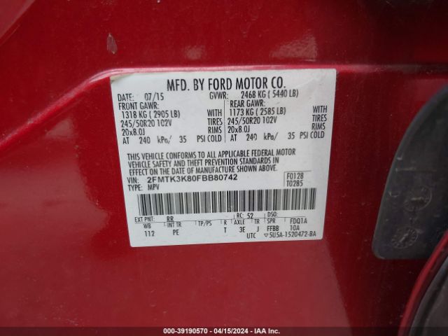 Photo 8 VIN: 2FMTK3K80FBB80742 - FORD EDGE 