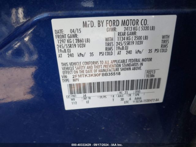 Photo 8 VIN: 2FMTK3K90FBB35518 - FORD EDGE 