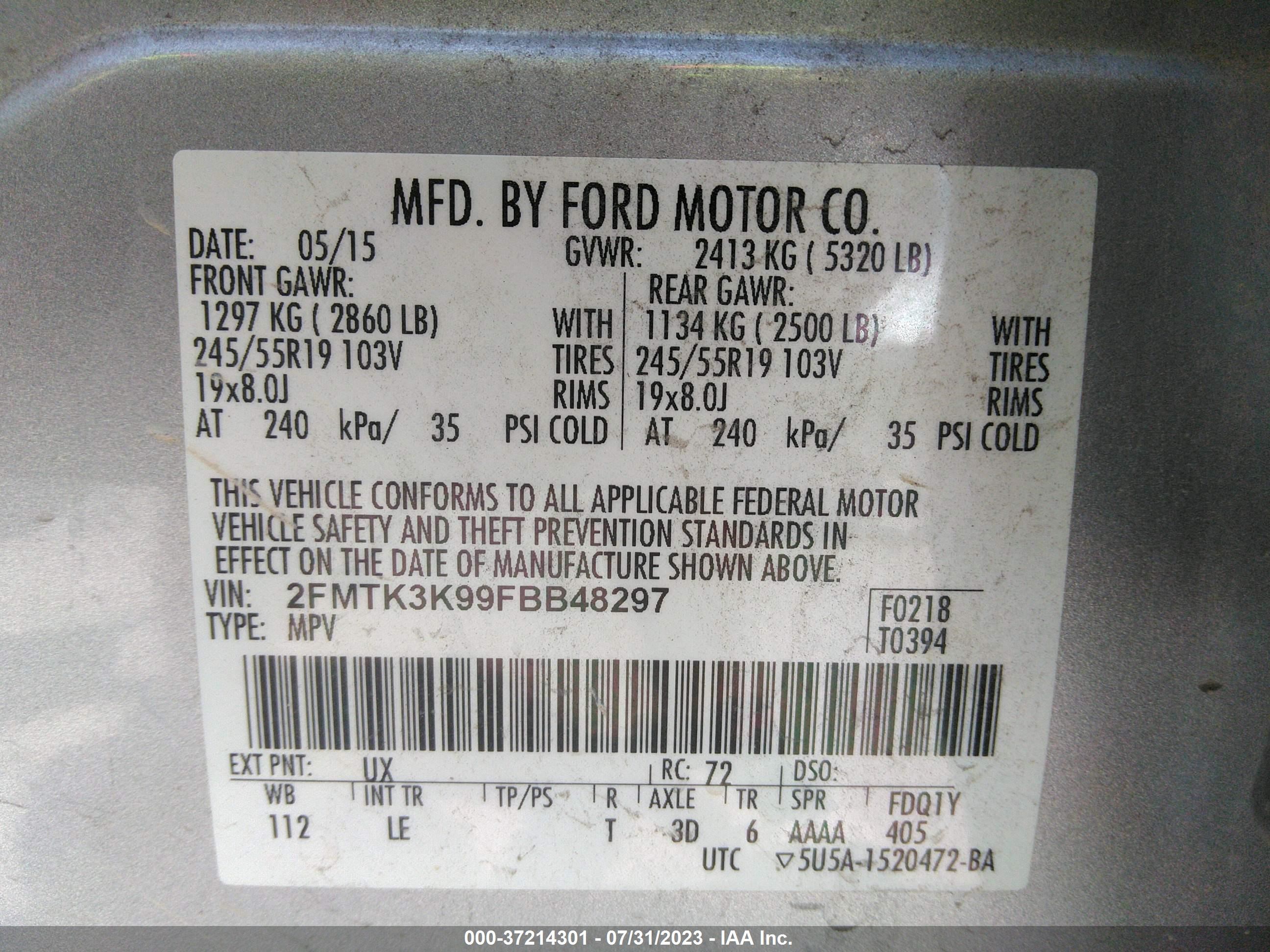 Photo 8 VIN: 2FMTK3K99FBB48297 - FORD EDGE 