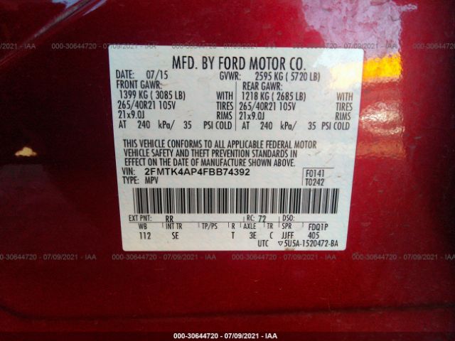 Photo 8 VIN: 2FMTK4AP4FBB74392 - FORD EDGE 