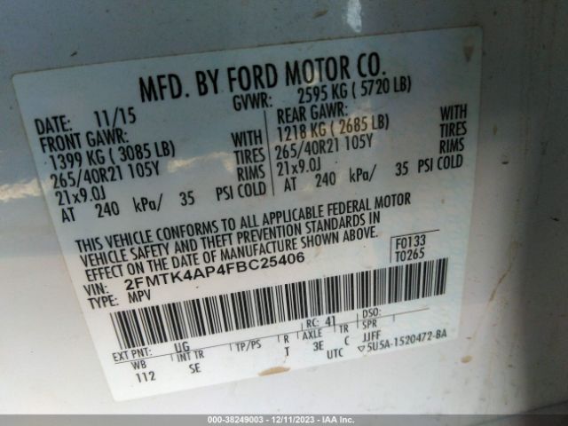 Photo 8 VIN: 2FMTK4AP4FBC25406 - FORD EDGE 