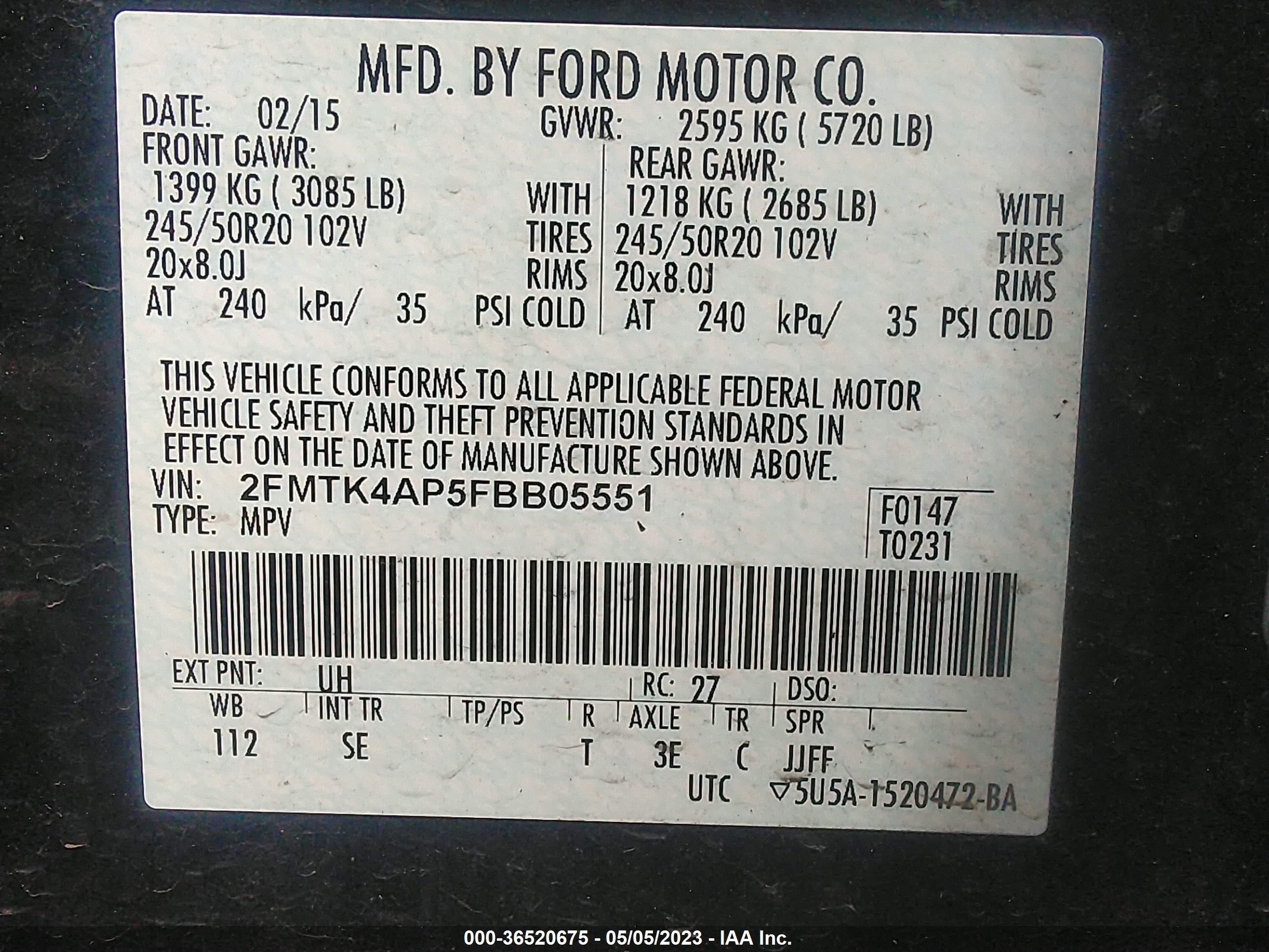 Photo 8 VIN: 2FMTK4AP5FBB05551 - FORD EDGE 