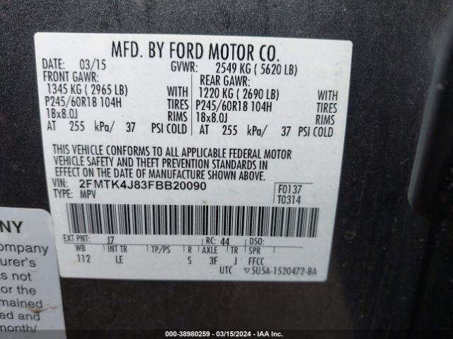 Photo 8 VIN: 2FMTK4J83FBB20090 - FORD EDGE 