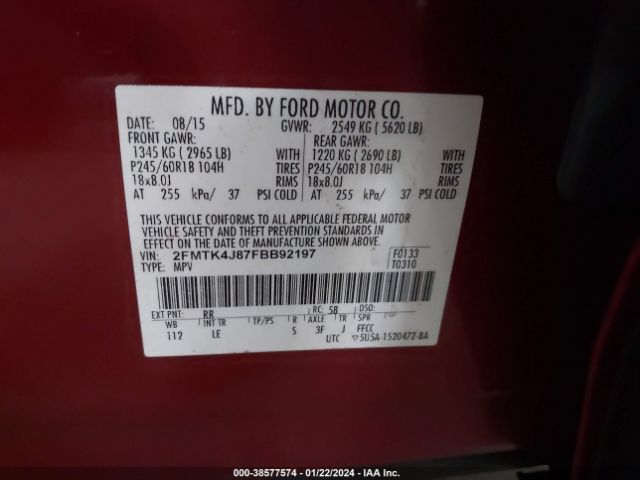 Photo 8 VIN: 2FMTK4J87FBB92197 - FORD EDGE 