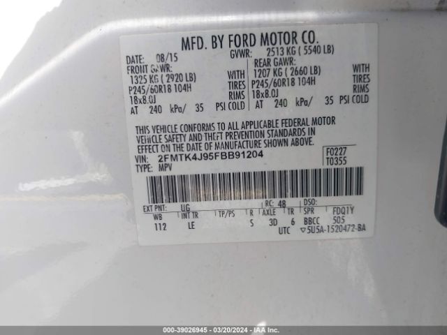 Photo 8 VIN: 2FMTK4J95FBB91204 - FORD EDGE 