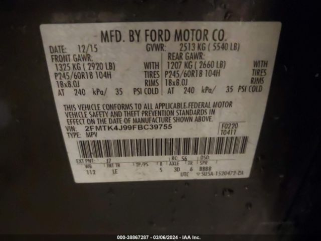 Photo 8 VIN: 2FMTK4J99FBC39755 - FORD EDGE 